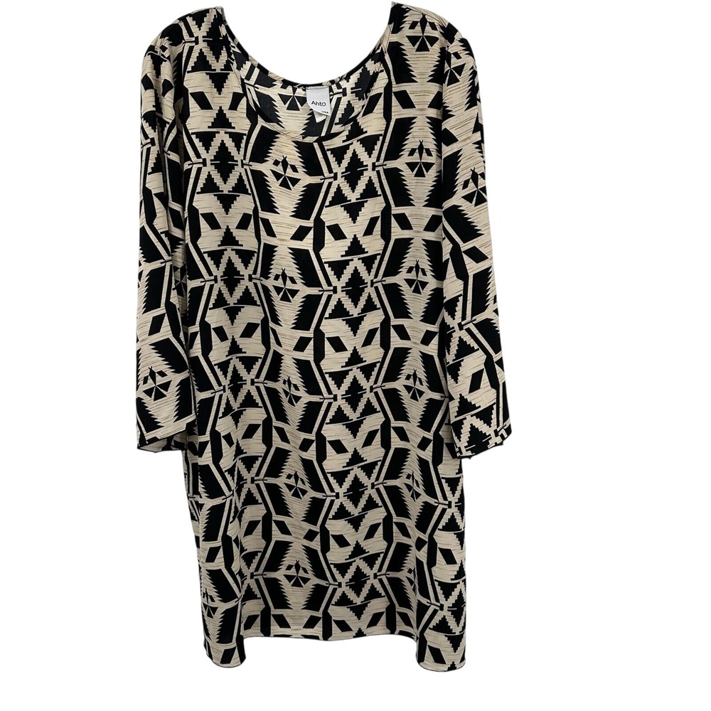 Ahto Women 2X Black White Geometric Print Long Sleeve Tunic Dress  Office Church